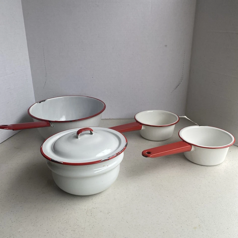 Vintage White w/Red Trim Enamelware LOT pots pans Crock Cookware Set Kitschy - Image 1 of 4