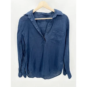 Camisa Gap Top Mujer PEQUEÑA Azul Marino Manga Larga Cuello en V 100% Lino - Imagen 1 de 7