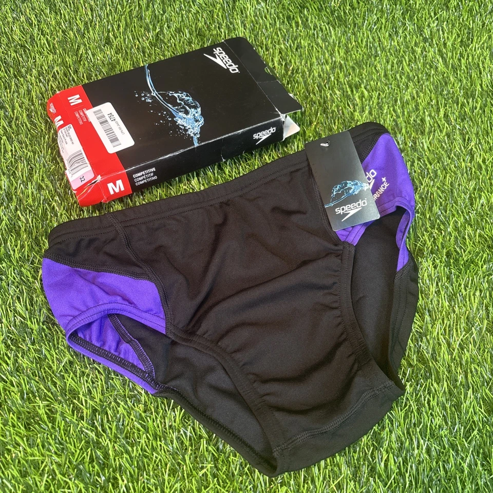 Calzoncillo de natación competitivo Speedo para hombre talla mediana púrpura negro nuevo con etiquetas caja abierta  Foto 1 de 4