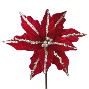 38cm Sparkling Christmas Red & Silver Velour Artificial Poinsettia Flower Pick - Picture 1 of 1
