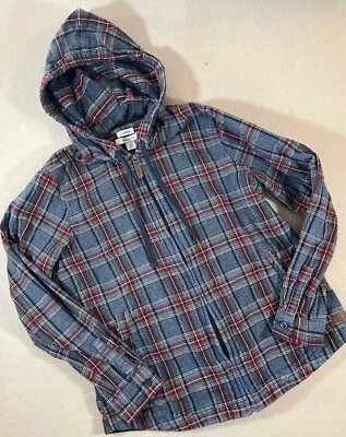LL Bean Scotch Plaid Flannel Shirt Relaxed Zip Hoodie Womens XS 502092 Gray - Image 1 of 4