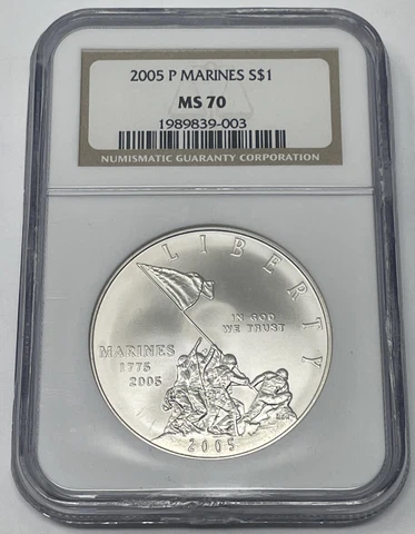 2005 P Marine Corps 230th Anniversary Commemorative Silver Dollar NGC MS70 Cover