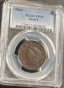 1834 Large Cent - Small 8, N-1, R-1, PCGS VF35 - Picture 1 of 3