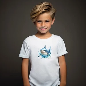 T-shirt bianca squalo nell'oceano bambini poliestere soft touch regalo estate - Foto 1 di 5