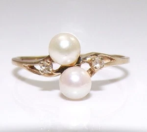 Vintage 14K Yellow Gold Two 4mm Pearl & Diamond Bypass Ring Size 6 FZZ - Picture 1 of 4