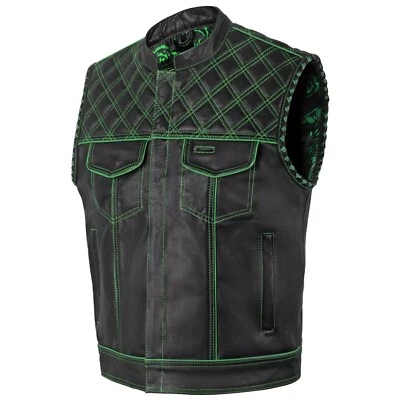 Men's Black Leather Vest Diamond Motorbike Motorcycle Concealed Green Waistcoat - Image 1 of 4