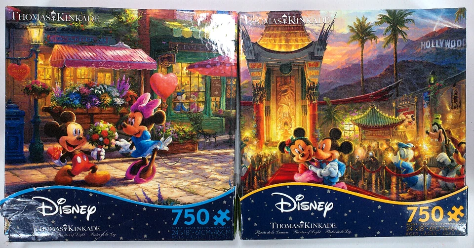 2 X Thomas Kinkade Disney Mickey & Minnie Sweetheart Cafe 750 PC Jigsaw Puzzles - Image 1 of 3