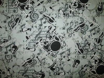 DRUM SET MUSIC INSTRUMENTS VIOLIN MUSIC NOTES COTTON FABRIC FQ - Image 1 of 4