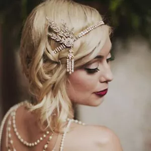 1920's Flapper Headband Leaf Rhiestones Headpiece Pearl Tassel Headdress Bride - Picture 1 of 7