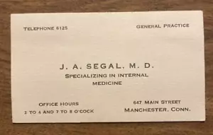Tarjeta de visita Doctor Dr de 1940 J.A. Segal” M.D. Manchester Connecticut CT P5a - Imagen 1 de 9