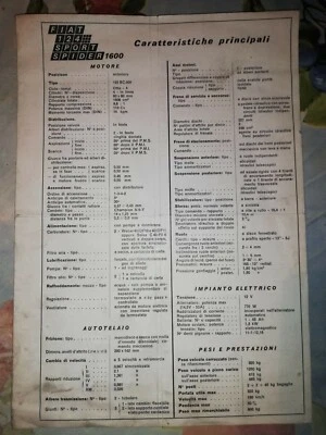 FIAT 124 SPORT SPIDER 1600 CARATTERISTICHE PRINCIPALI 1969 - Immagine 1 di 2