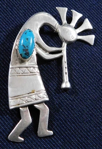 DESIGNER STERLING TURQUOISE MANUFACTURED Vintage KOKOPELLI PIN PENDANT Estate - Picture 1 of 3