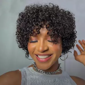 Short Curly Pixie Cut Wigs for Black Women Short Human Hair Wigs with Bangs Laye - Picture 1 of 11