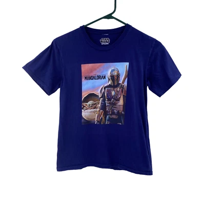 Star Wars Mandalorian T-Shirt Boys Size Large* Navy Blue Short Sleeve Baby Yoda - Image 1 of 4