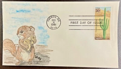 1945 JLBY Hand drawn/ painted cachet Desert Plants-Saguaro cactus FDC 1981  - Image 1 of 2