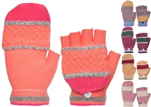 Kids Winter Convertible Knitted Fingerless Gloves with Mitten Flap Cover - Picture 1 of 7