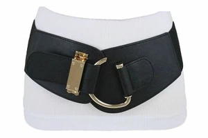 Women Gold Metal Hook Buckle Black Exotic Style Belt Wide Elastic Hip Waist S M - Picture 1 of 11