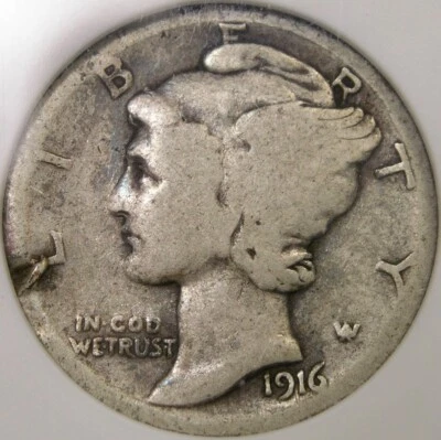1916 D MERCURY WINGED HEAD SILVER DIME APPEALING RARE KEY DATE ANACS G 4 DETAILS - Image 1 of 4
