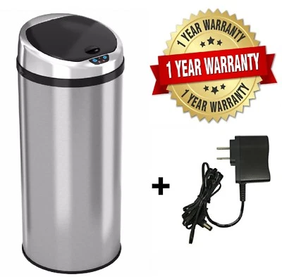  Bote de basura de acero inoxidable con sensor automático redondo iTouchless 50R con adaptador de CA Foto 1 de 4