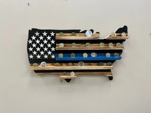 Thin Blue Line Challenge Coin Display, Wooden Flag, Military Challenge Coin Flag - Picture 1 of 8