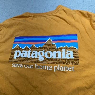 Patagonia Shirt Men Large Yellow Monte Fitz Roy Crest Mountain Crew Organic Fair - Image 1 of 4