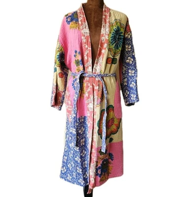 Bata Kantha India Acolchada Hecha a Mano Kimono Largo Floral Reversible Talla S/M  Foto 1 de 4