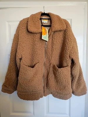 Women’s Sherpa Fleece Jacket L Tan Zip Coat C&C California NWT Soft Plush Warm  - Image 1 of 4