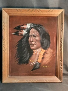 Vintage Indianer Häuptling Krieger gerahmt Samt auf Öl 19" x 23" signiert - Bild 1 von 18