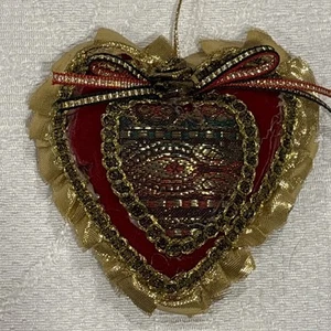 Burgundy & Gold Velvet Heart W/Rose Christmas Valentines Ornament 4” - Picture 1 of 10