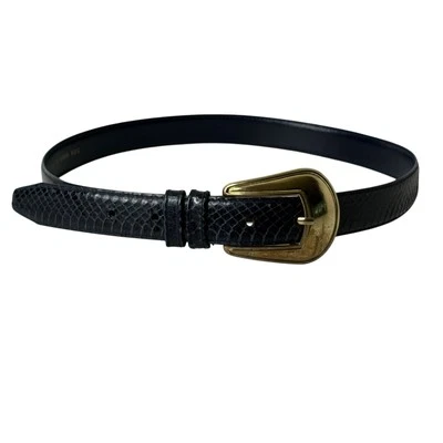 Womens Navy Blue Snakeskin Belt M Gold Tone Buckle Western Minimalist Skinny - Image 1 of 4