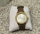 New STRADA Crystal Bling Watch with Camel Faux Vegan Leather Strap Steel Back