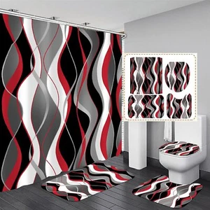 Nkzply 4 Pcs Red and Black Striped Shower Curtain Set with Rugs - Picture 1 of 7