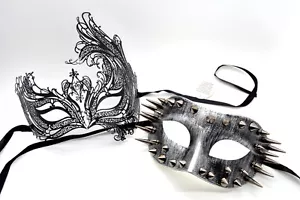 Couple Men Women Black Laser Cut Filigree Spike Venetian Masquerade Mask - Picture 1 of 3