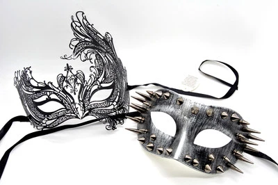 Couple Men Women Black Laser Cut Filigree Spike Venetian Masquerade Mask - Image 1 of 3