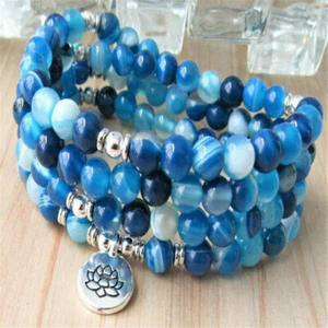 6MM Blue Agate Bracelet 108 Beads Lotus Pendant Bless Mala Buddhism Pray Yoga - Picture 1 of 3