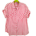 Faded Glory Pink Gingham Snap Front Shirt Women's Size XXL Roll Tab Short Sleeve