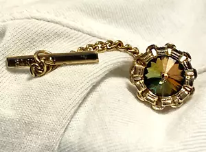 Vintage DANTÉ Signed Volcano Green Amber Rivoli Stone Gold Tone MCM Tie Tac Pin - Picture 1 of 22