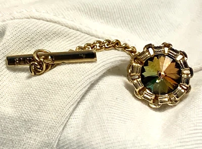 Vintage DANTÉ Signed Volcano Green Amber Rivoli Stone Gold Tone MCM Tie Tac Pin - Image 1 of 4