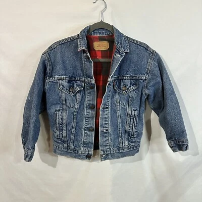 Vtg 80'sLevi's Jeans Denim Trucker Jacket Red Buffalo Plaid Lined Youth Med USA - Image 1 of 4