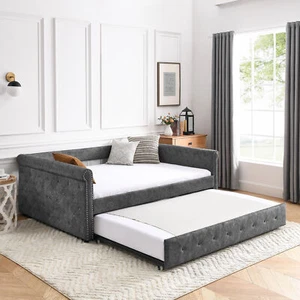 Full Size Daybed Upholstered Tufted Sofa Bed with Twin Size Trundle For Bedroom - Picture 1 of 6