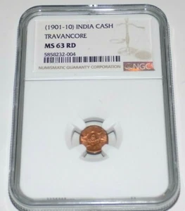 TRAVANCORE (1901-1910) INDIA CASH NGC MS63RD MS 63 RD Certified Indian Coin  - Picture 1 of 4