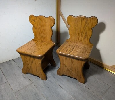 Vintage Pair of Rustic Solid Oak Wood Child Doll Teddy Bear Chairs Stools - Image 1 of 4
