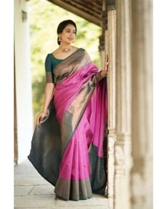 Pink Kanjivaram Banarasi Soft Silk Sari For Wedding Wear With Fancy Blouse Piece - Picture 1 of 5