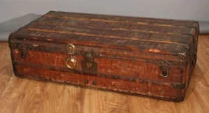 19thC French Louis Vuitton Rayee Red Stripe Canvas Travel Luggage Half Trunk - Picture 1 of 18