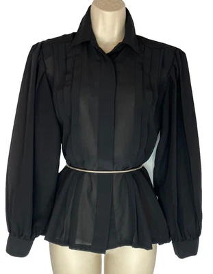 Винтажная черная прозрачная блузка 1980-х с длинным рукавом на воздушном шаре с заколкой топ - Изображение 1 из 4