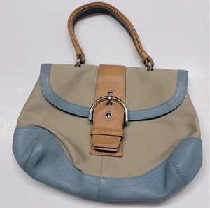 COACH Vintage Soho Style Off White Blue Tan Leather & Canvas Hand Bag Purse 4432 - Picture 1 of 6