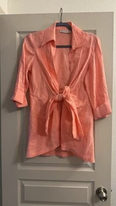 Neiman Marcus Linen Tunic Top Blouse Open Tie Front Orange Sickle Size M - Picture 1 of 7