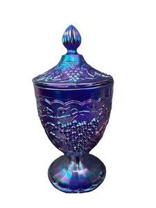 Vtg Imperial Glass Carnival Cobalt Blue Peacock Leaves & Grape Candy Dish w/ Lid - Picture 1 of 18