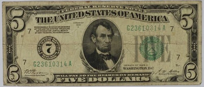US 5 Dollar Note FRN 1928 Series A Green Stamp (7) Chicago - Image 1 of 2