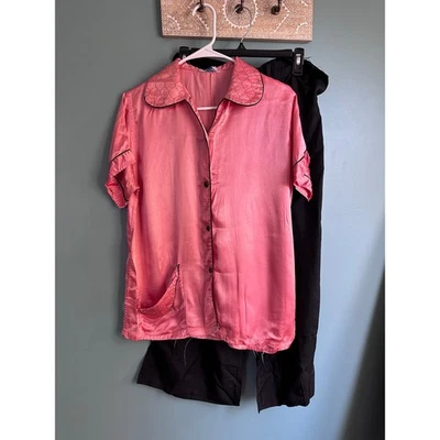 Juego de pijama vintage Charmode Sears de 2 piezas rosa negro satinado para mujer  Foto 1 de 4